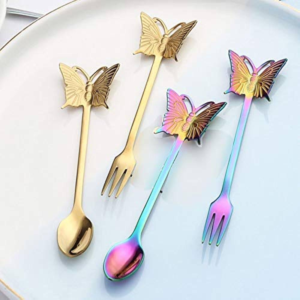 Butterfly Head Rainbow n Gold 4-Pcs Cutlery Set | Mini Fork & Spoon