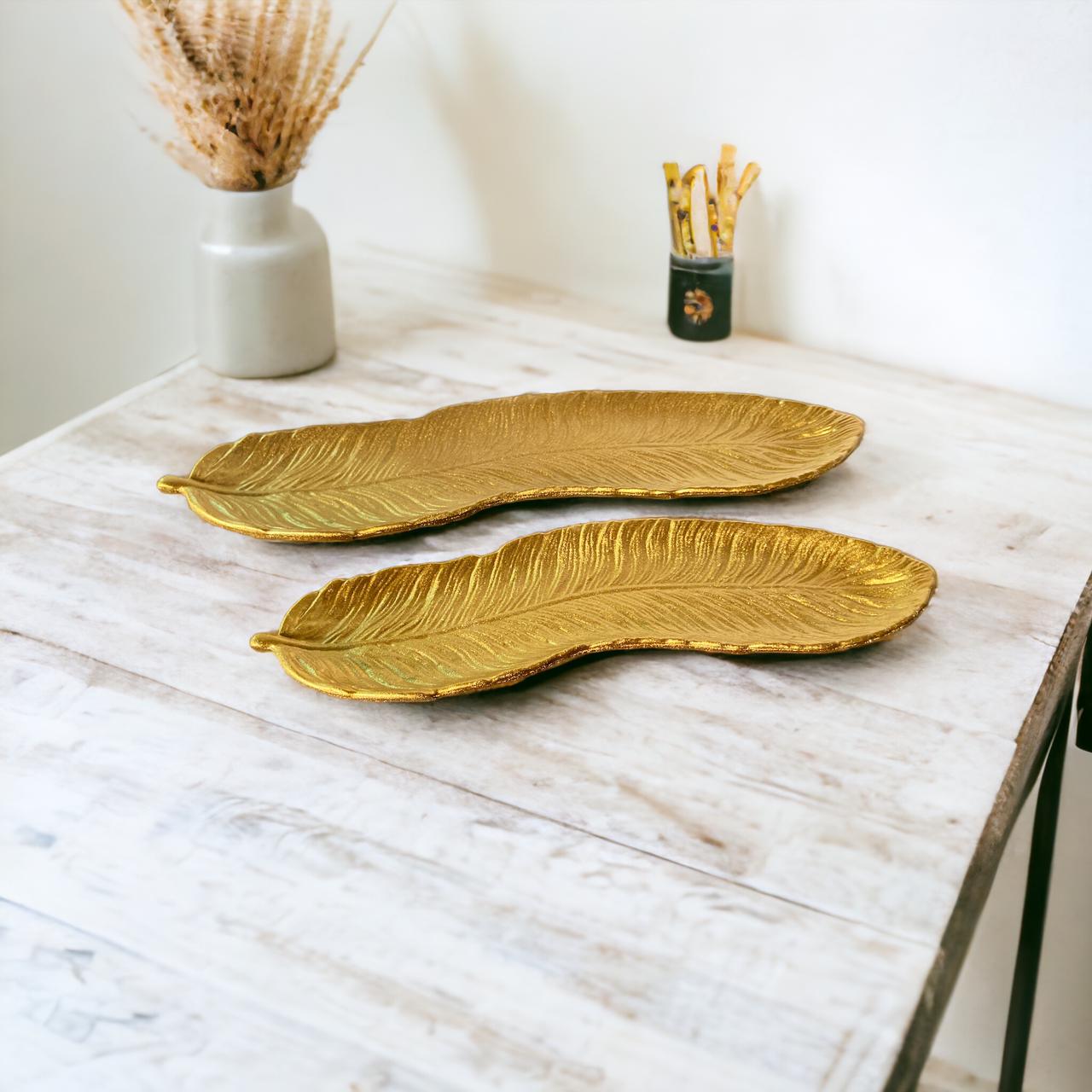 Golden Feather/Leaf Tray Set of 2 | Organizer Tray - Home Hatch