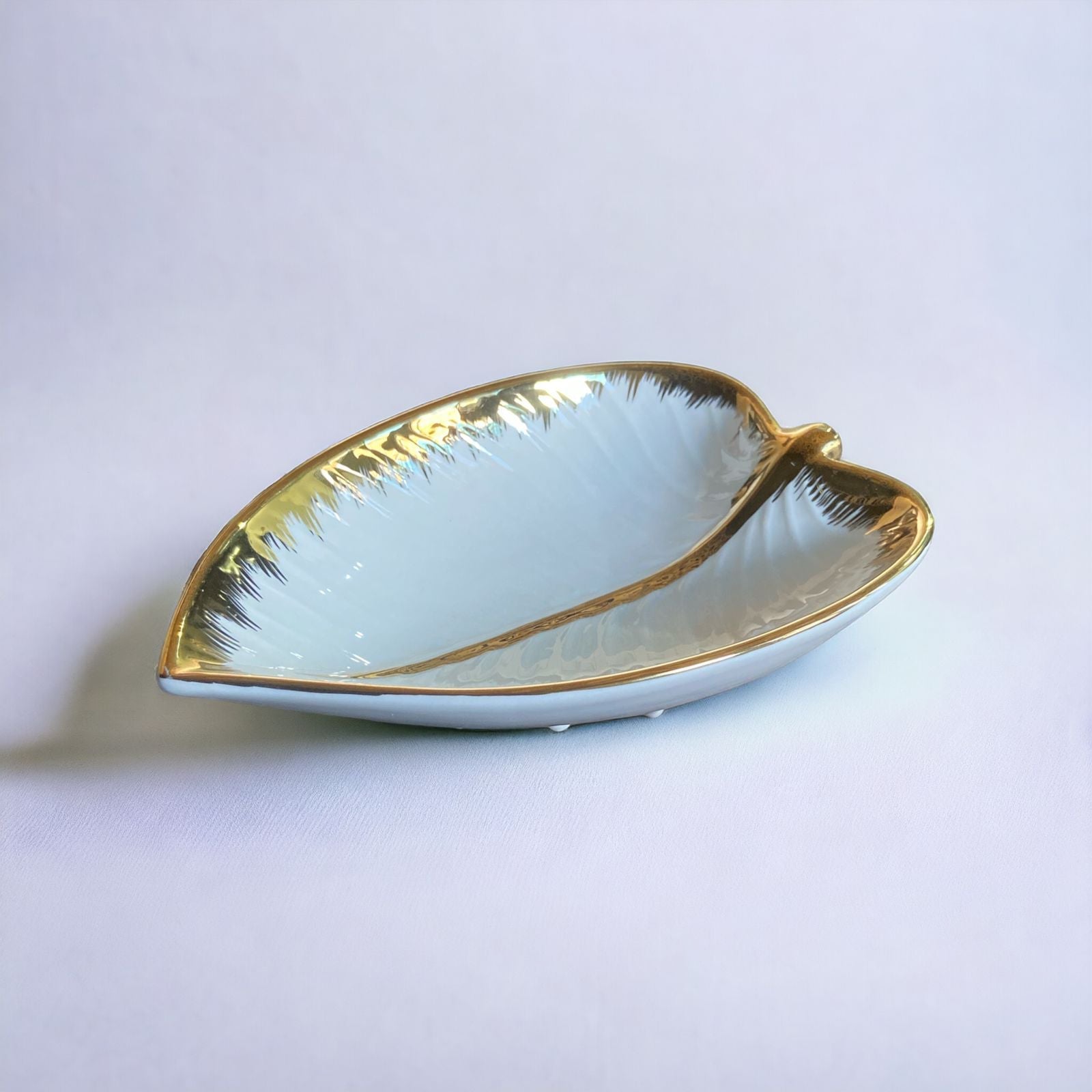 Leaf Ceramic White Tray with Gold Accent