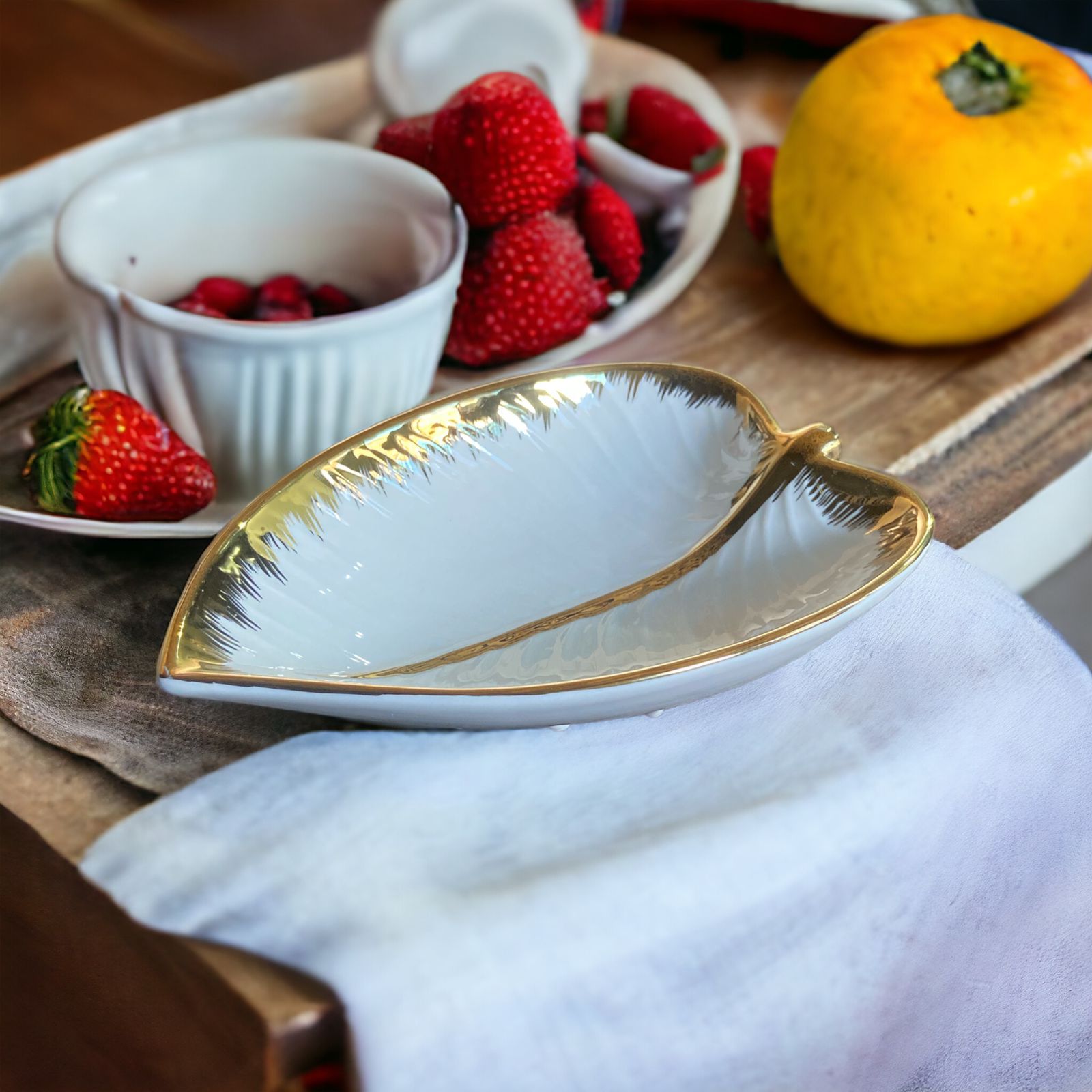 Leaf Ceramic White Tray with Gold Accent