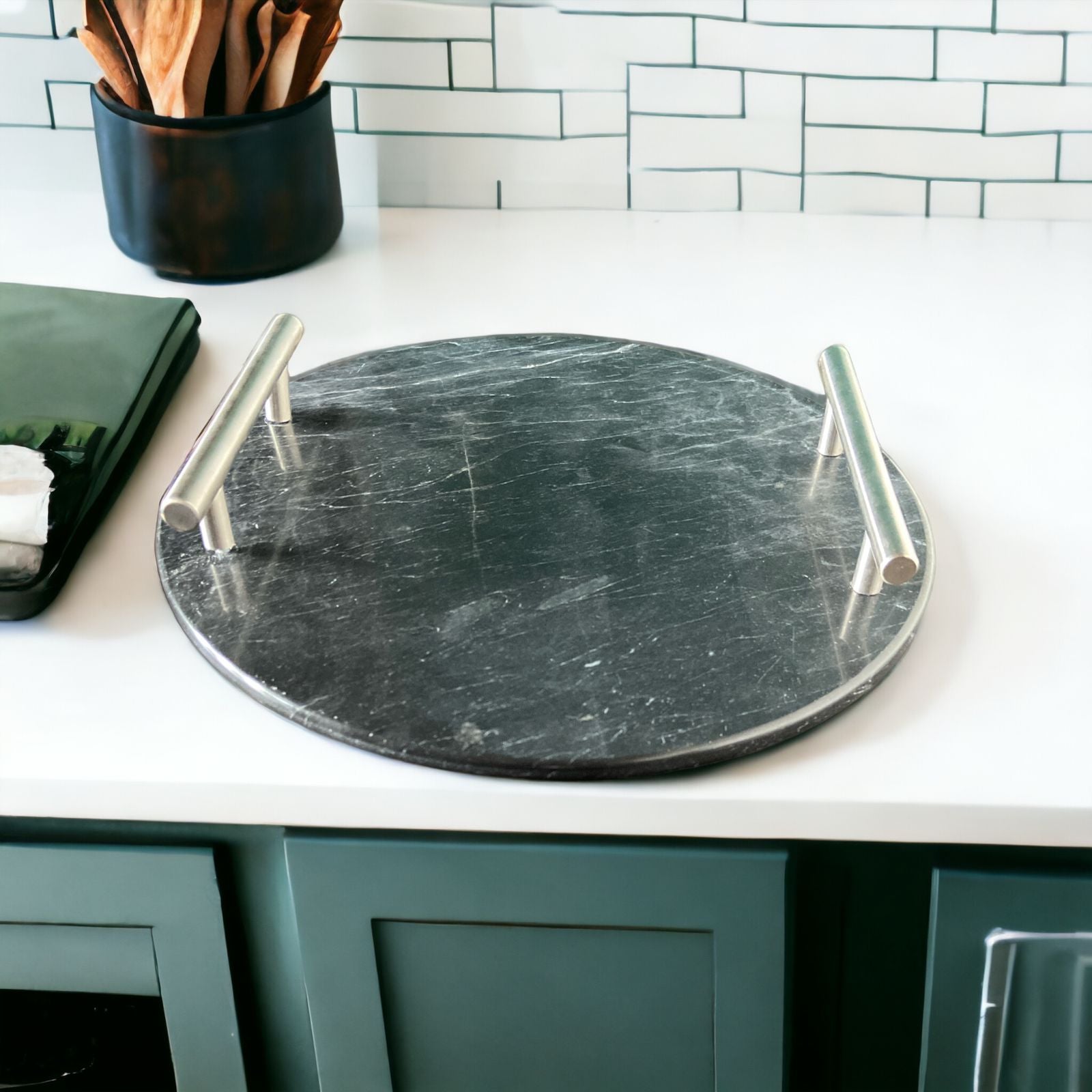 Elegant Round Marble Tray With Metal Handle | Organizer Tray - Home Hatch