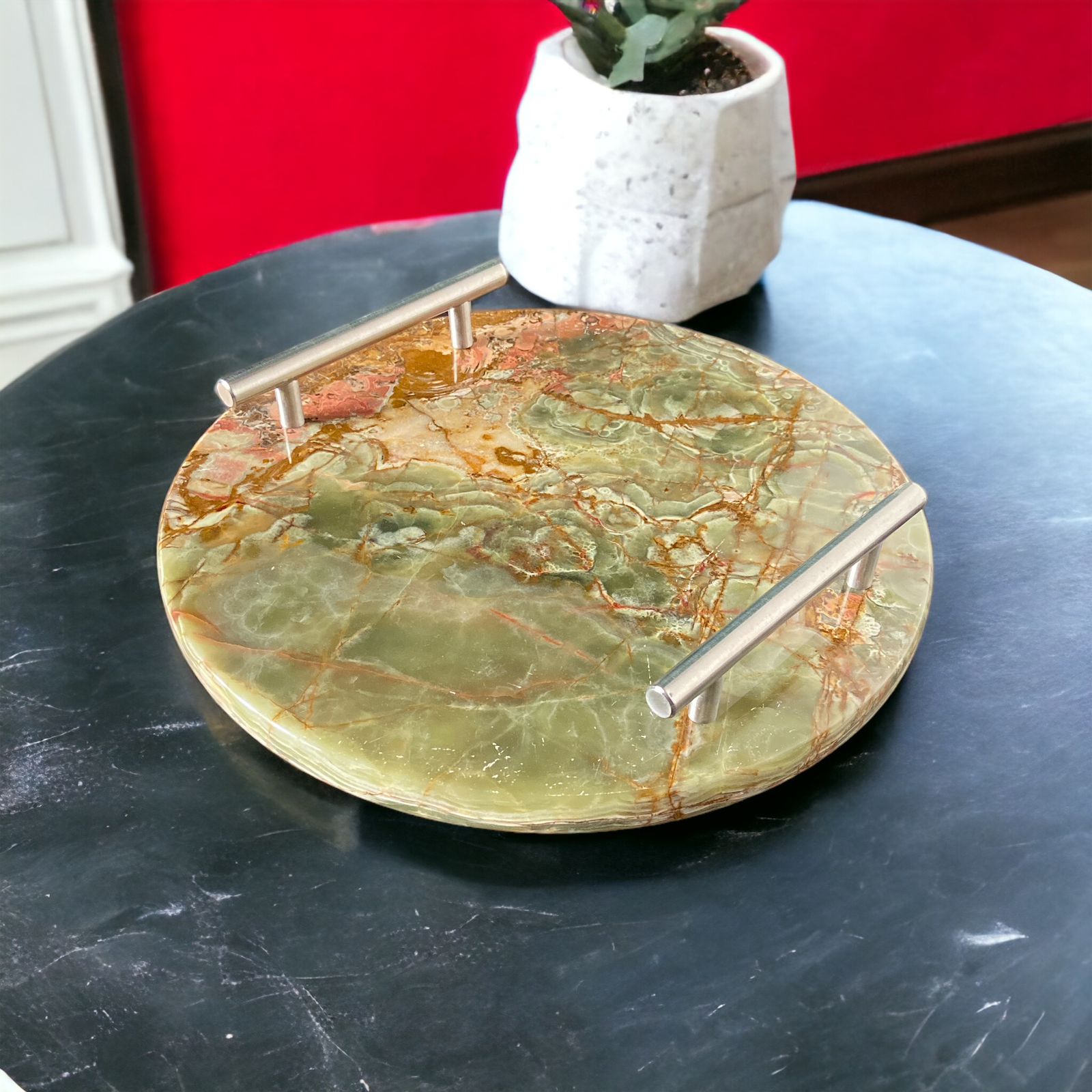 Elegant Round Marble Tray With Metal Handle | Organizer Tray - Home Hatch