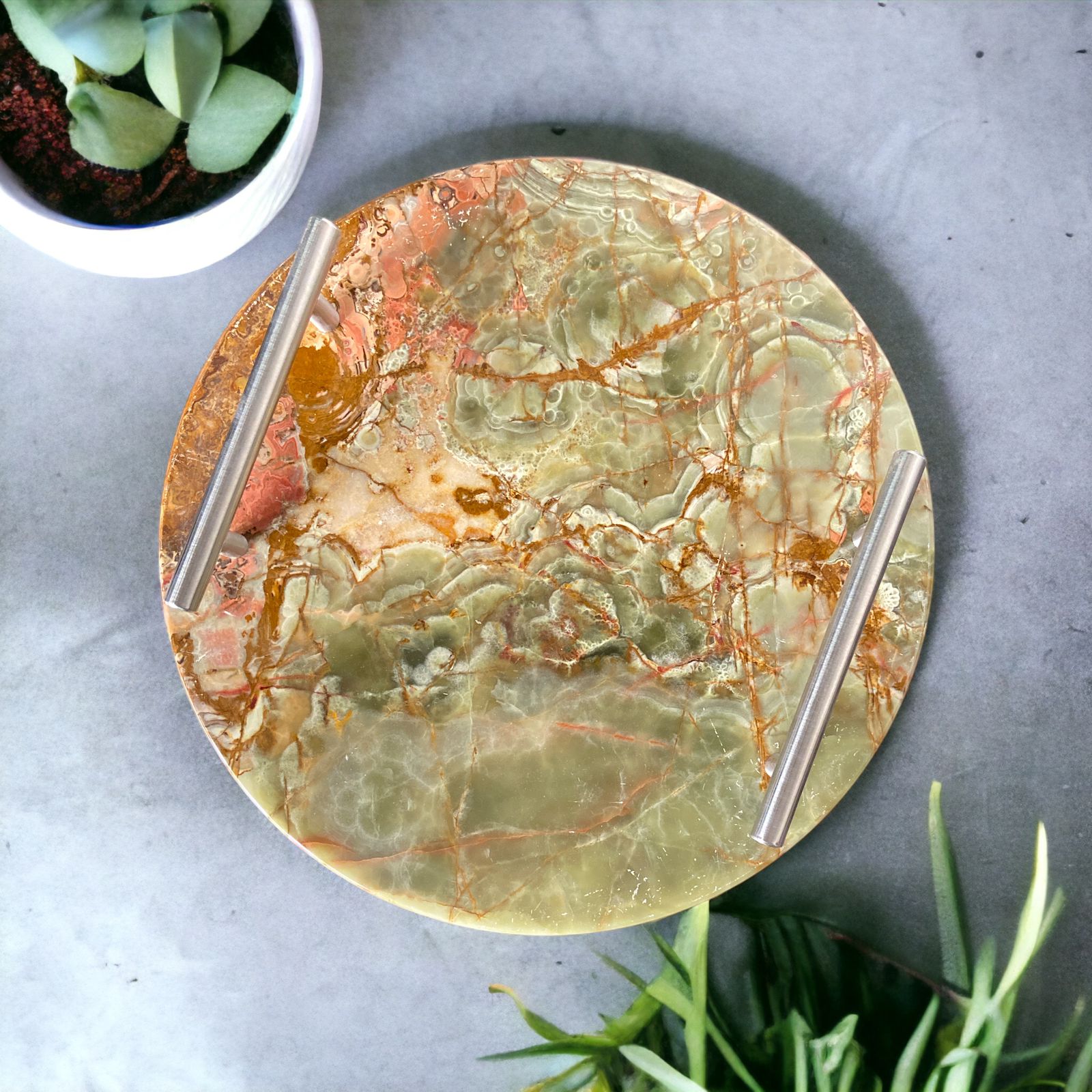 Elegant Round Marble Tray With Metal Handle | Organizer Tray - Home Hatch