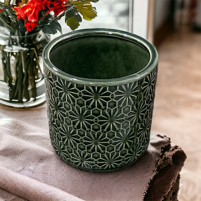 Stamped Floral Design Ceramic Flower Pot - Home Hatch