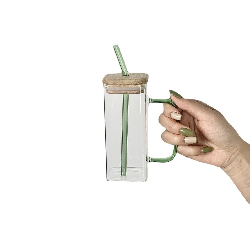 Transparent Square Bamboo Lid Tumbler Drinking Glass with Glass Straw and Colourful Handle