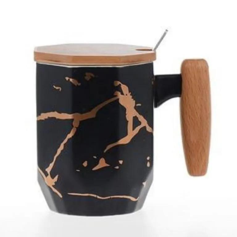 Nordic Marble Pattern Mug With Bamboo Lid, Handle & Sugar Spoon - HomeHatchpk