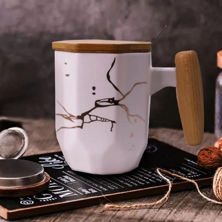 Nordic Marble Pattern Mug With Bamboo Lid, Handle & Sugar Spoon - HomeHatchpk