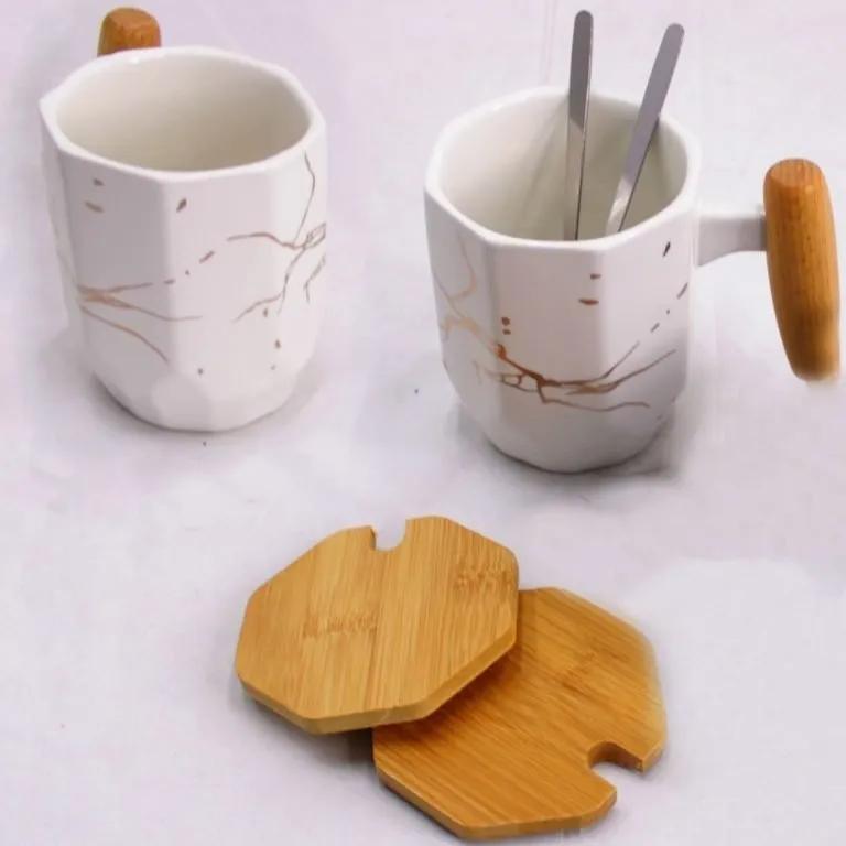 Nordic Marble Pattern Mug With Bamboo Lid, Handle & Sugar Spoon - HomeHatchpk