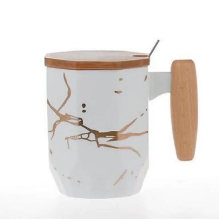 Nordic Marble Pattern Mug With Bamboo Lid, Handle & Sugar Spoon - HomeHatchpk