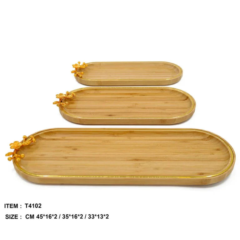 Oval Bamboo Serving Tray With Flower Barouche - Set of 3 - Home Hatch