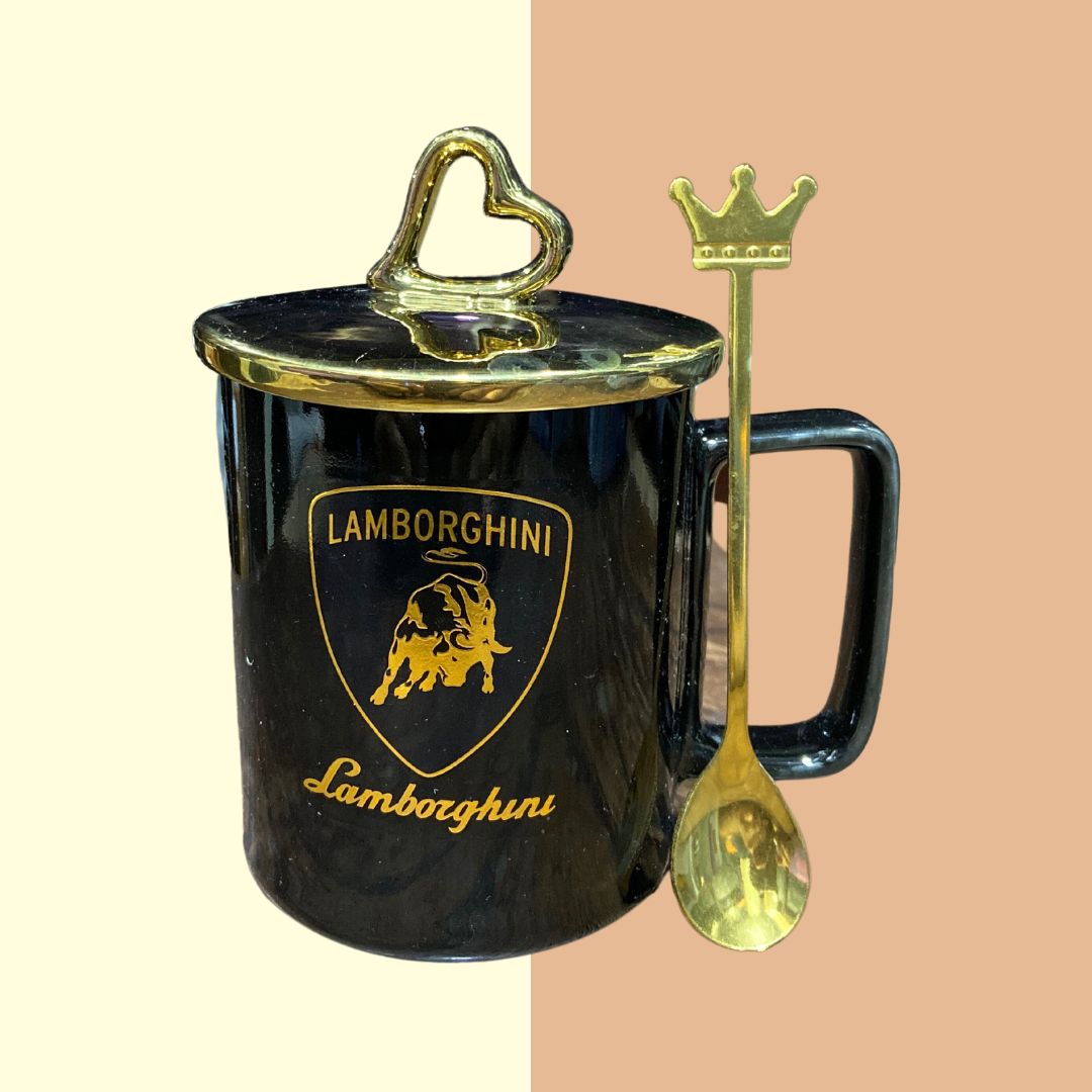 Luxury Car Logo Drinking Mug With Golden Lid & Spoon