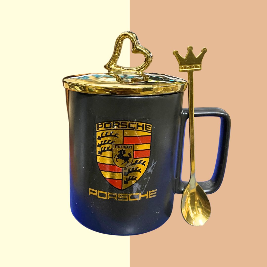 Luxury Car Logo Drinking Mug With Golden Lid & Spoon